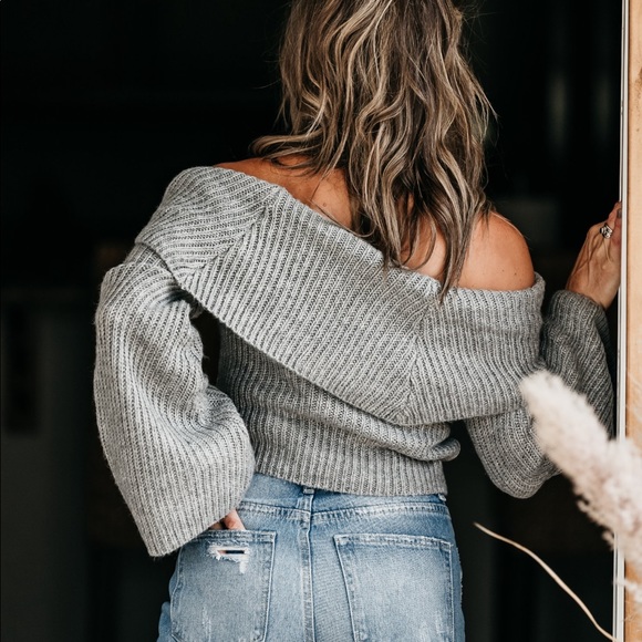 Grey off the shoulder ribbed fall sweater bell - Picture 4 of 5